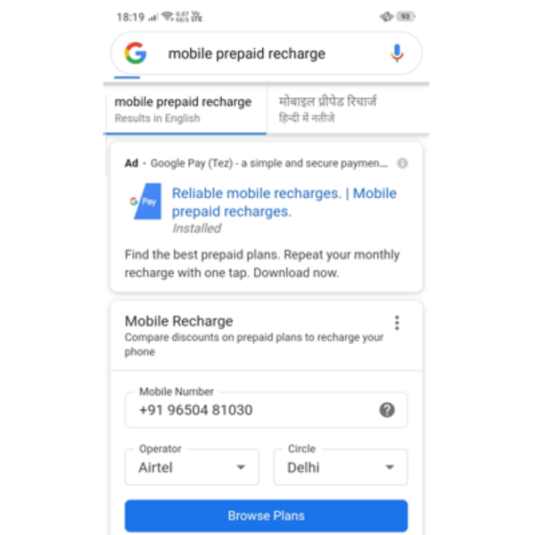 Recharge Prepaid Mobile Directly From Google Search