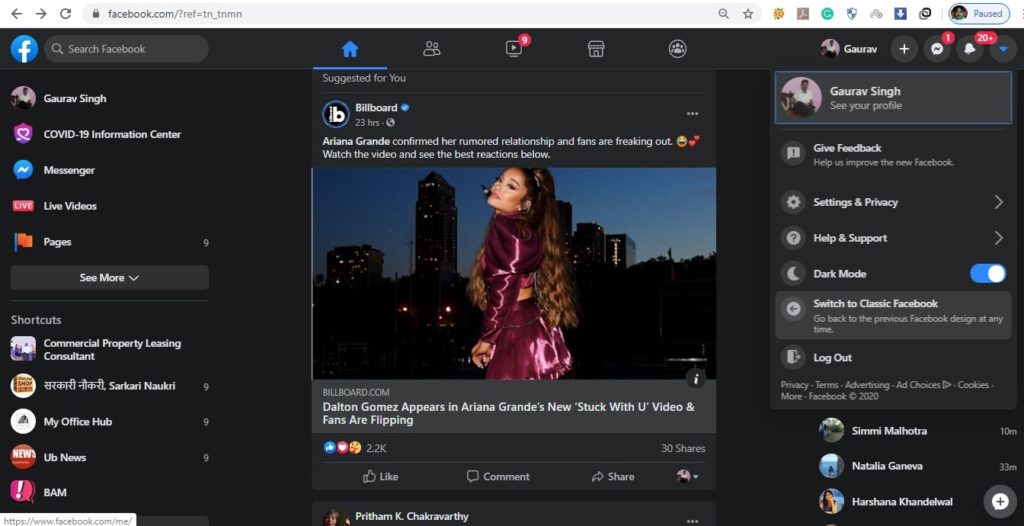 facebook dark mode